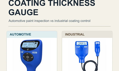 Linshang LS239 automotive paint meter and LS221 split-probe industrial coating thickness gauge beside steel and aluminium layer samples