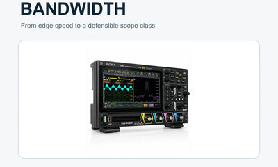 Real RIGOL MHO984 oscilloscope beside a restrained 100, 250 and 800 MHz bandwidth scale