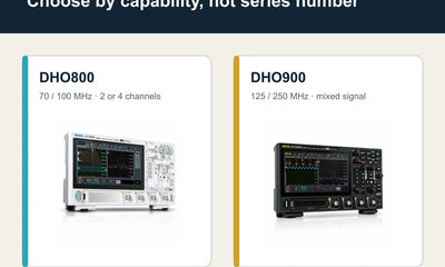 Side-by-side RIGOL DHO814 and DHO924S oscilloscopes representing the DHO800 and DHO900 series