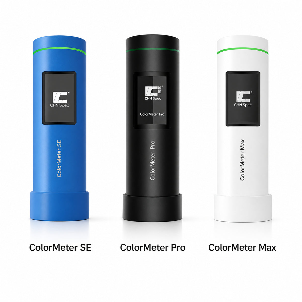 Blue CHNSpec ColorMeter SE, black ColorMeter Pro and white ColorMeter Max pocket colorimeters with model labels.