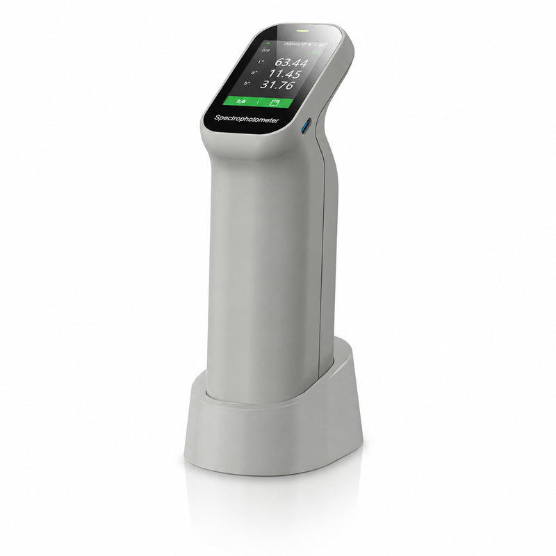 CHNSpec DS-200 Series handheld colorimeter with 2.4-inch display and charging base