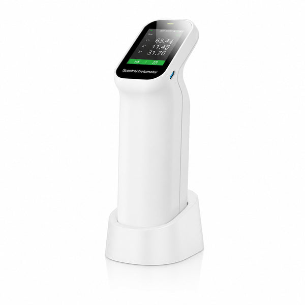 CHNSpec DS-400, DS-410 and DS-420 handheld spectrophotometer with 2.4-inch color screen and automatic calibration base.