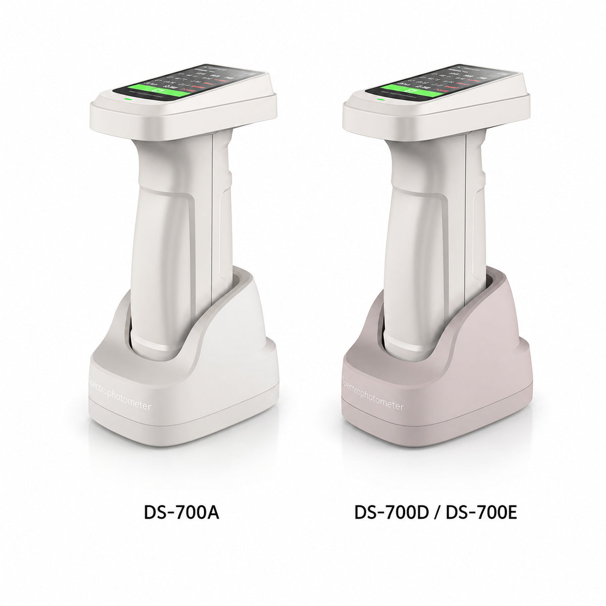 CHNSpec DS-700A and shared DS-700D/DS-700E portable spectrophotometer appearances with calibration bases and model labels.