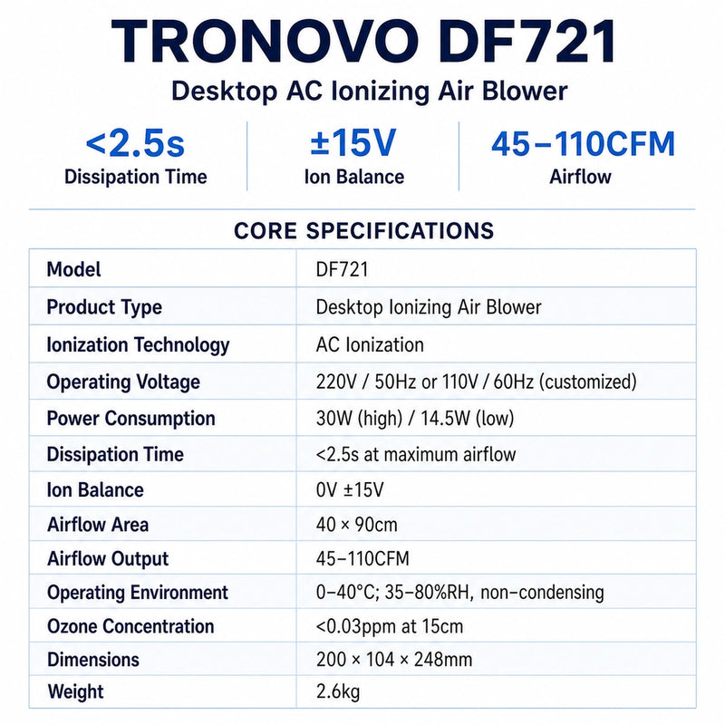 TRONOVO DF721 Desktop AC Ionizing Air Blower for ESD Control