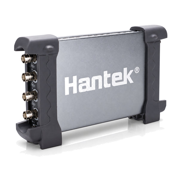 Hantek6004BD Series four-channel PC USB oscilloscope with anodized aluminum enclosure and four BNC inputs shown from the left.