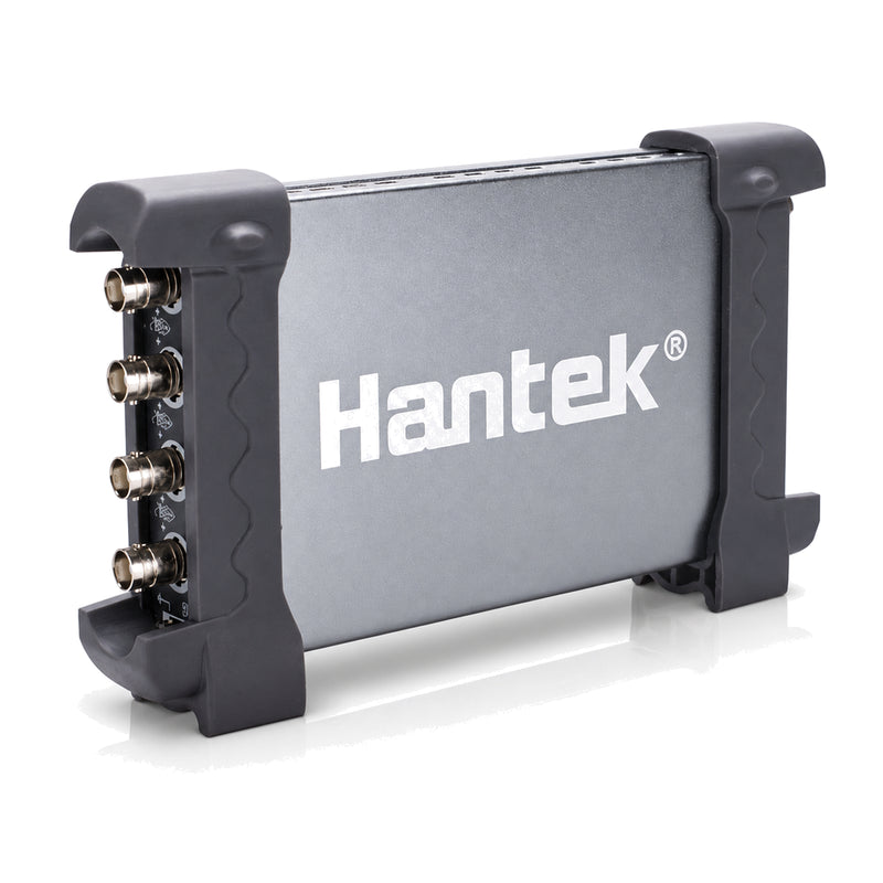 Hantek6004BD Series four-channel PC USB oscilloscope with anodized aluminum enclosure and four BNC inputs shown from the left.