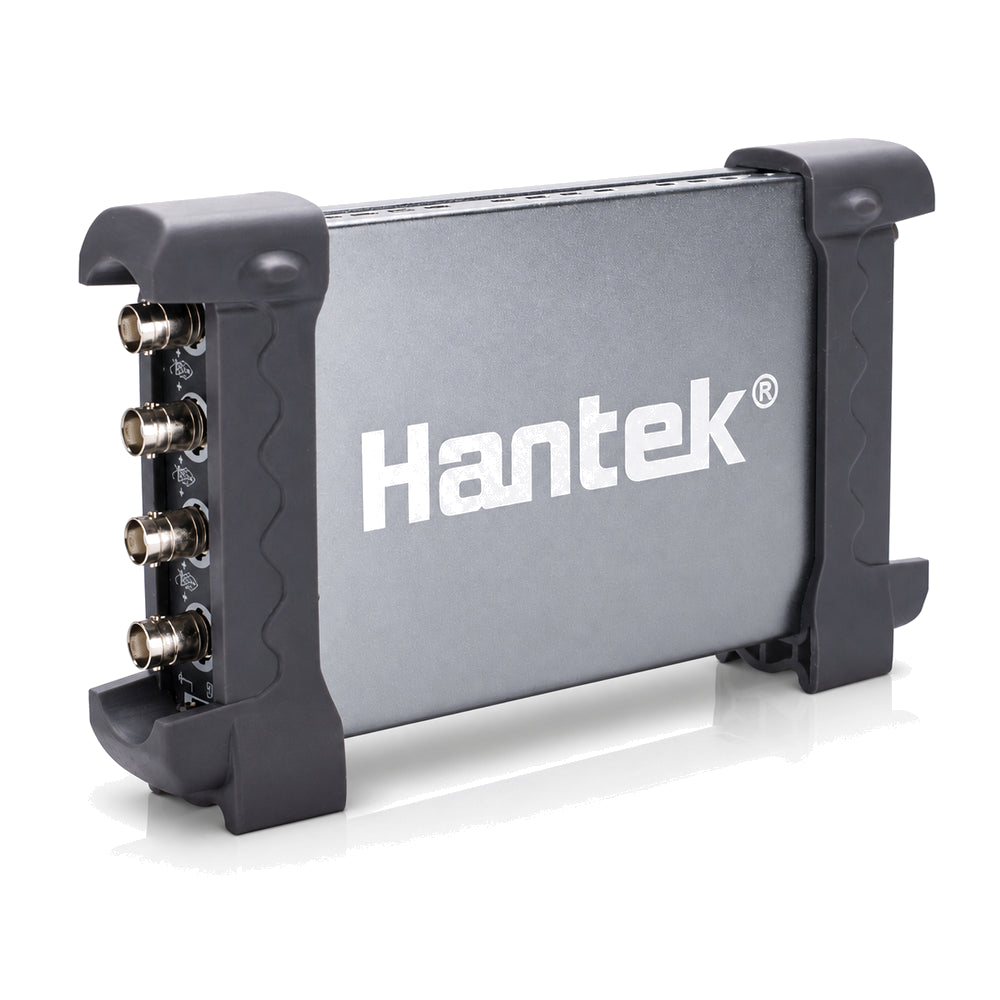 Hantek6004BD Series four-channel PC USB oscilloscope with anodized aluminum enclosure and four BNC inputs shown from the left.