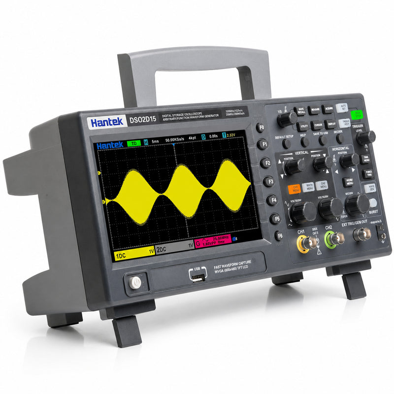 Hantek DSO2D15 150MHz 2-channel digital oscilloscope shown from the left with a 7-inch display and built-in 25MHz waveform generator.
