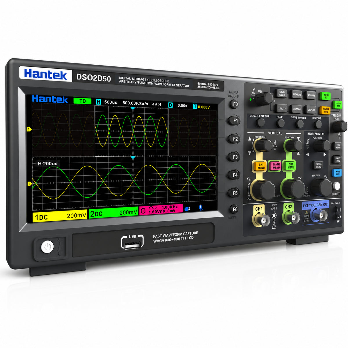 Hantek DSO2D50 500MHz 2-channel digital oscilloscope shown from the left with a 7-inch display and built-in 25MHz AFG.