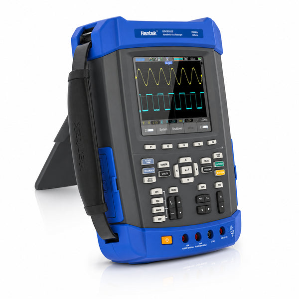 DSO8202E 200MHz handheld oscilloscope shown from the left with a 5.6-inch display, two analog channels and an adjustable stand.