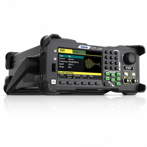 Hantek HDG3000B dual-channel arbitrary waveform generator shown from the left with a 4.3-inch display and two front outputs.