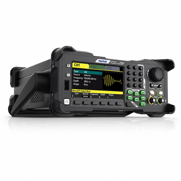 Hantek HDG3000C three-channel arbitrary waveform generator with 4.3-inch color display and front-panel outputs.
