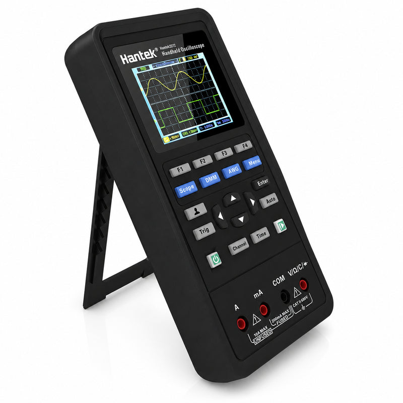 Hantek Hantek2D72 70MHz handheld oscilloscope with 2-channel input, color display, multimeter controls and adjustable stand.