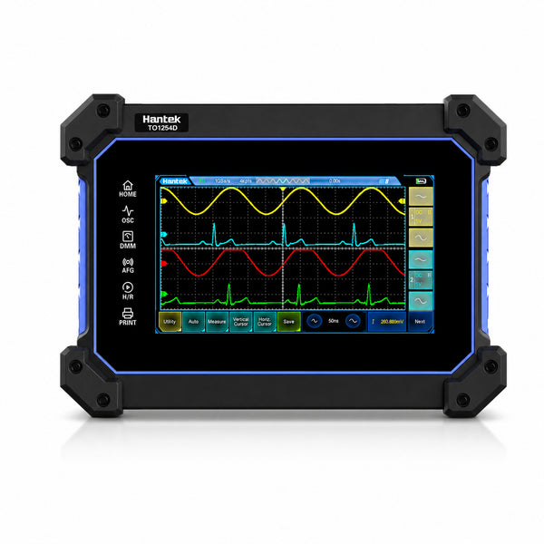 Hantek TO1112 Series 110MHz handheld oscilloscope with a 7-inch touchscreen, two input channels and rugged protective frame.