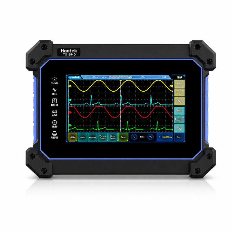 Hantek TO1000 Series TO1254D handheld oscilloscope with 7-inch touchscreen, four-channel waveform display and rugged protective frame.