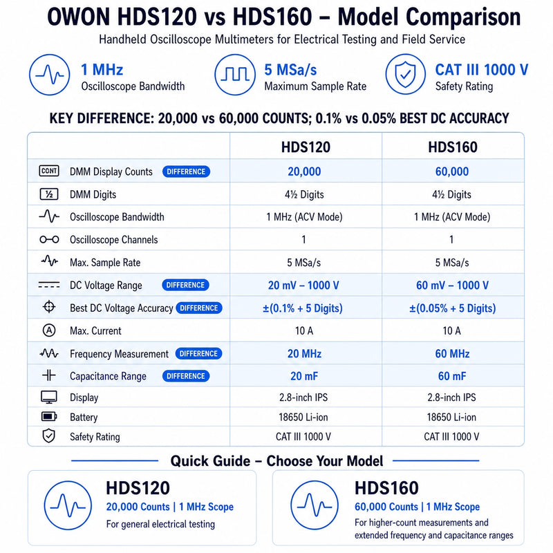 OWON HDS120 and HDS160 handheld oscilloscope multimeter comparison showing differences in display counts, DC voltage accuracy, frequency measurement and capacitance range.
