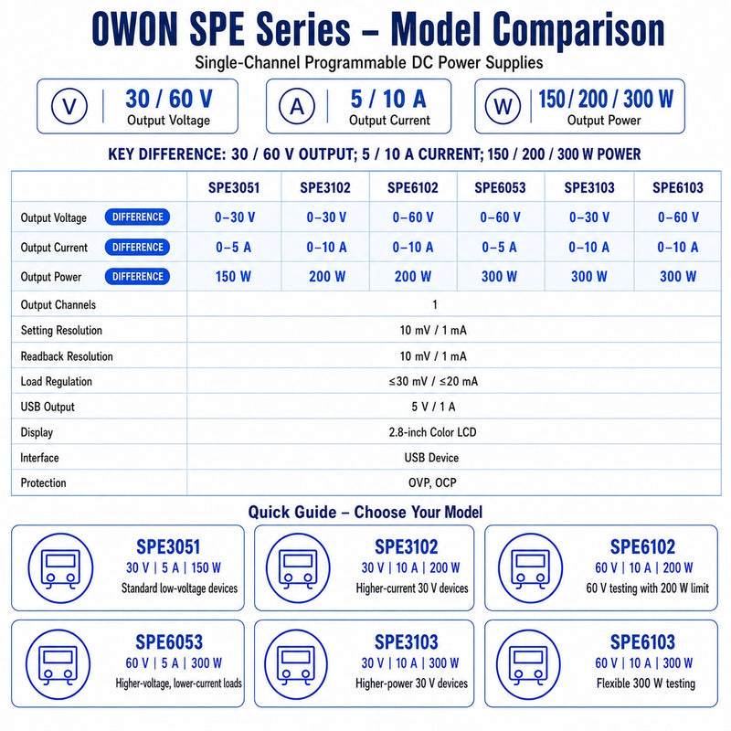 OWON SPE programmable DC power supply comparison showing SPE3051, SPE3102, SPE6102, SPE6053, SPE3103 and SPE6103 voltage, current and power ratings.
