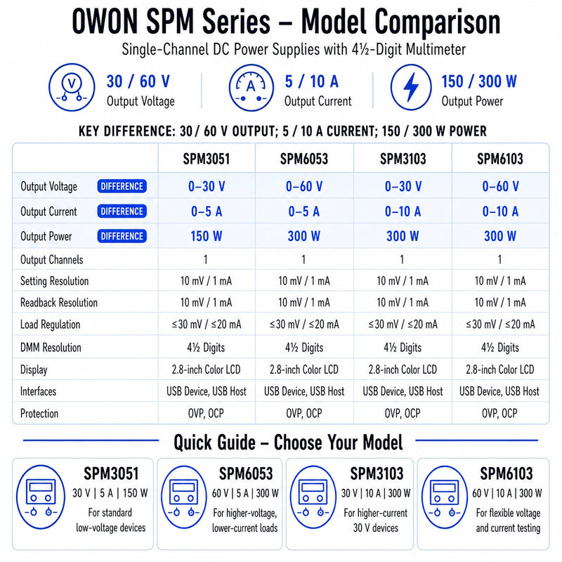 OWON SPM programmable DC power supply comparison showing SPM3051, SPM6053, SPM3103 and SPM6103 voltage, current and power differences.
