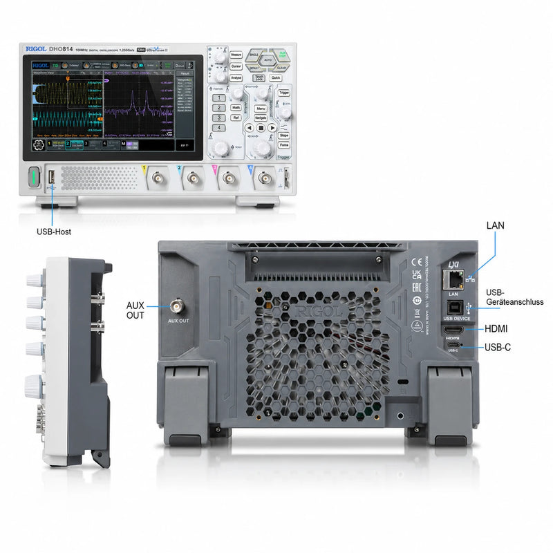RIGOL DHO800 oscilloscope showing USB, LAN and HDMI interfaces
