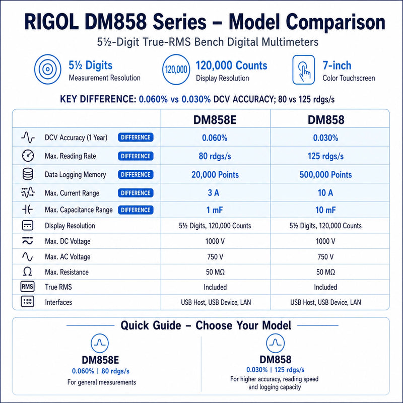 RIGOL DM858E and DM858 bench digital multimeter comparison showing differences in DC voltage accuracy, reading rate, logging memory, current range and capacitance range.

