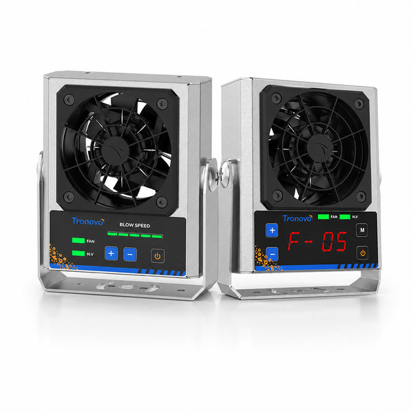 TRONOVO DF231 and DF231P compact high-frequency ionizing air blowers with adjustable fan brackets and front controls.