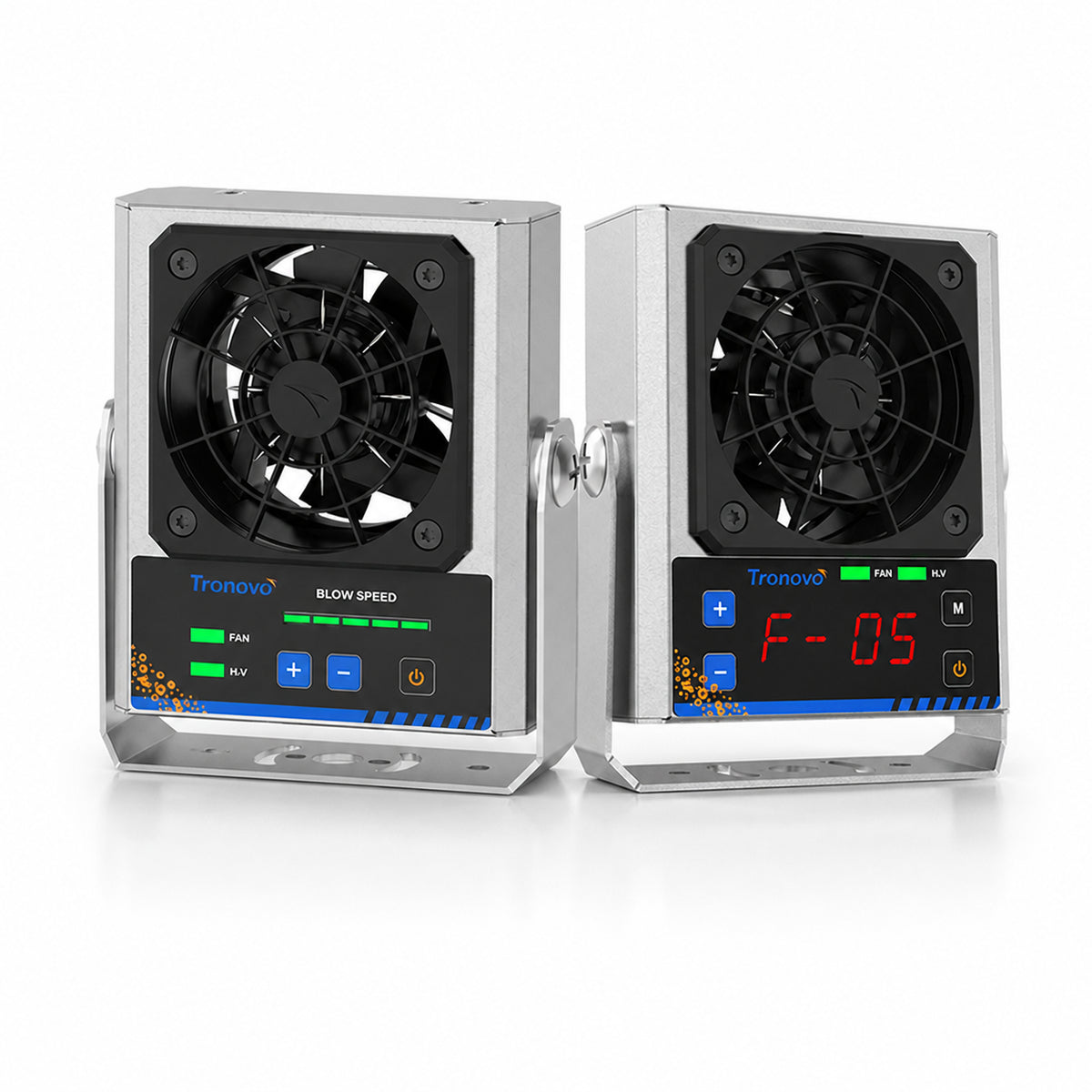 TRONOVO DF231 and DF231P compact high-frequency ionizing air blowers with adjustable fan brackets and front controls.