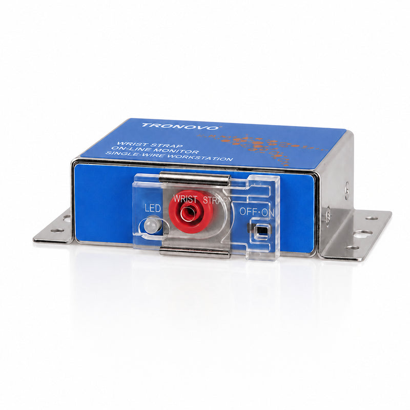 TRONOVO MM311 single-station wrist strap online monitor with transparent protective cover, red strap socket and SUS304 housing.