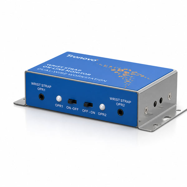 TRONOVO MM322 dual-station wrist strap online monitor with SUS304 housing, two operator inputs and front status indicators.