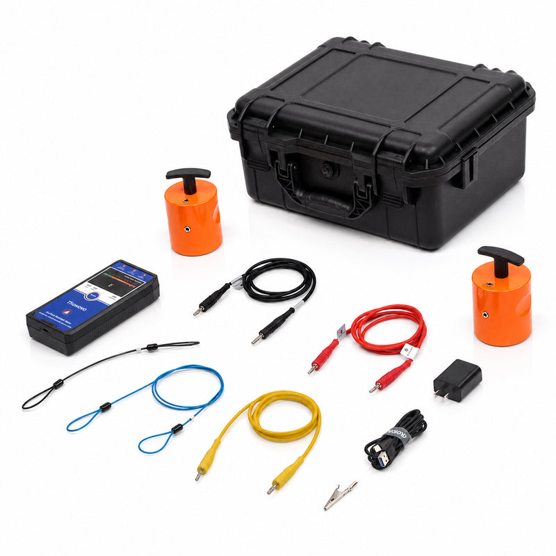TRONOVO MR63RE anti-static resistance test kit with MR63 meter, two weighted electrodes, test leads and protective carrying case.