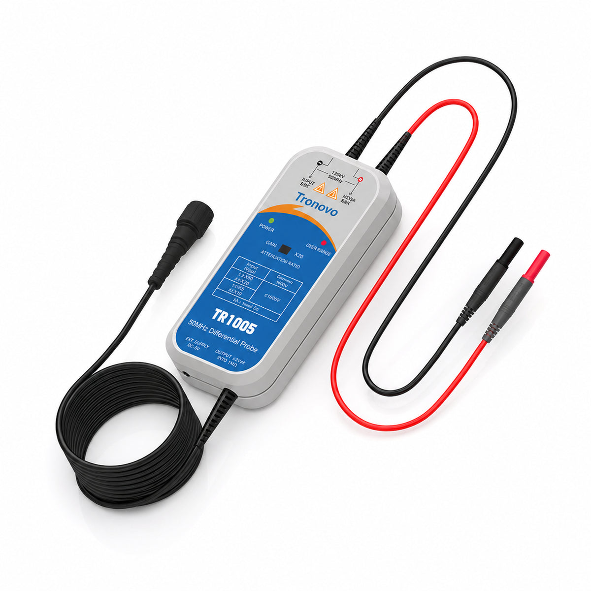 TRONOVO TR1005 50MHz high-voltage differential probe with red and black test leads and oscilloscope output cable