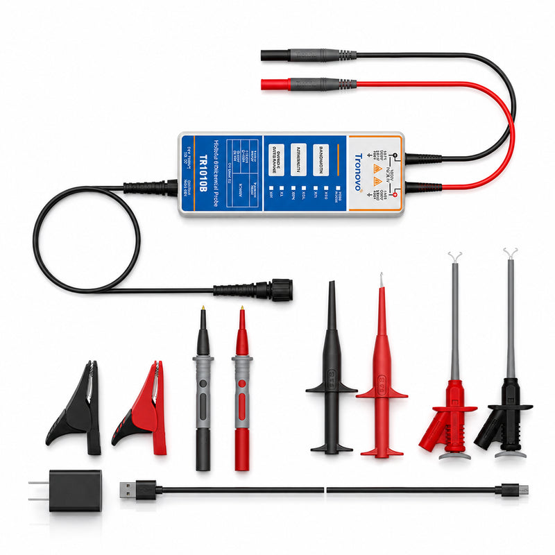 TRONOVO TR1010B 100MHz high-voltage differential probe with complete probe, clip and USB power accessory kit